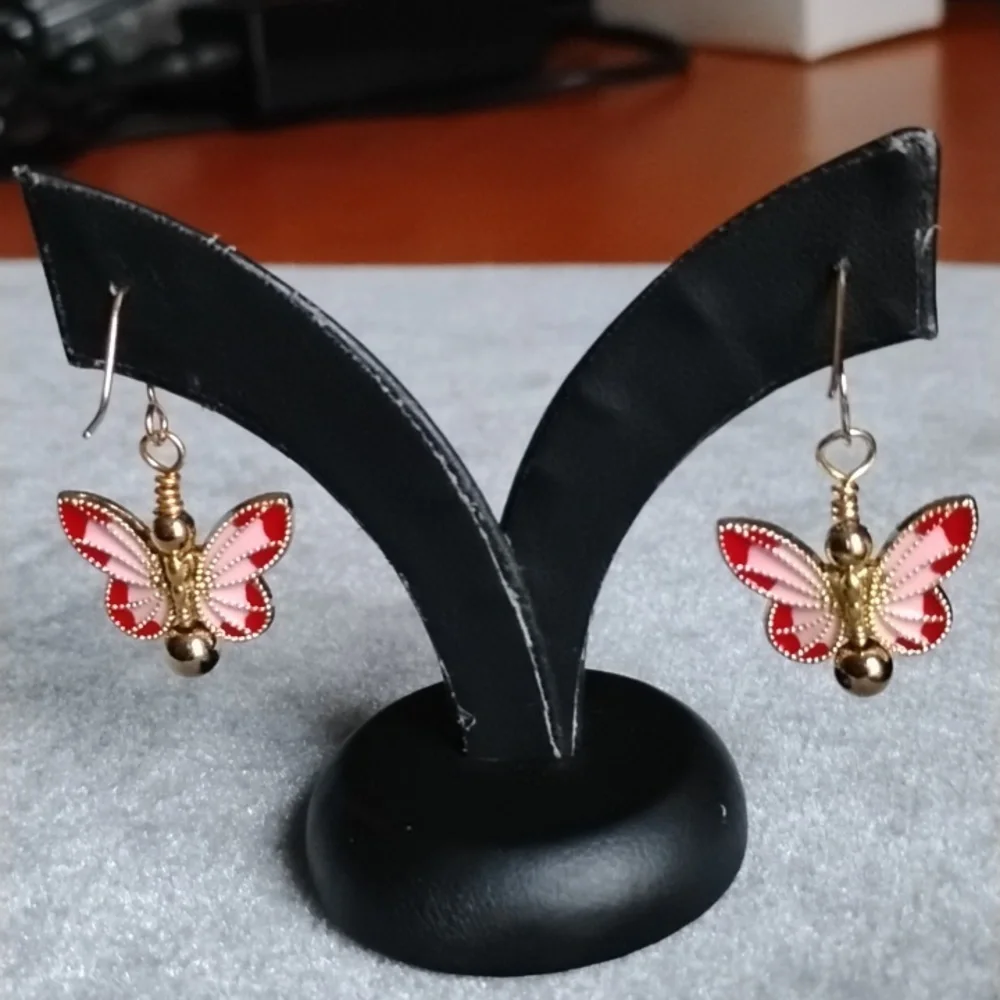 Hand Crafted Red And Pink Gold Butterfly Earrings - Picture 4 of 5